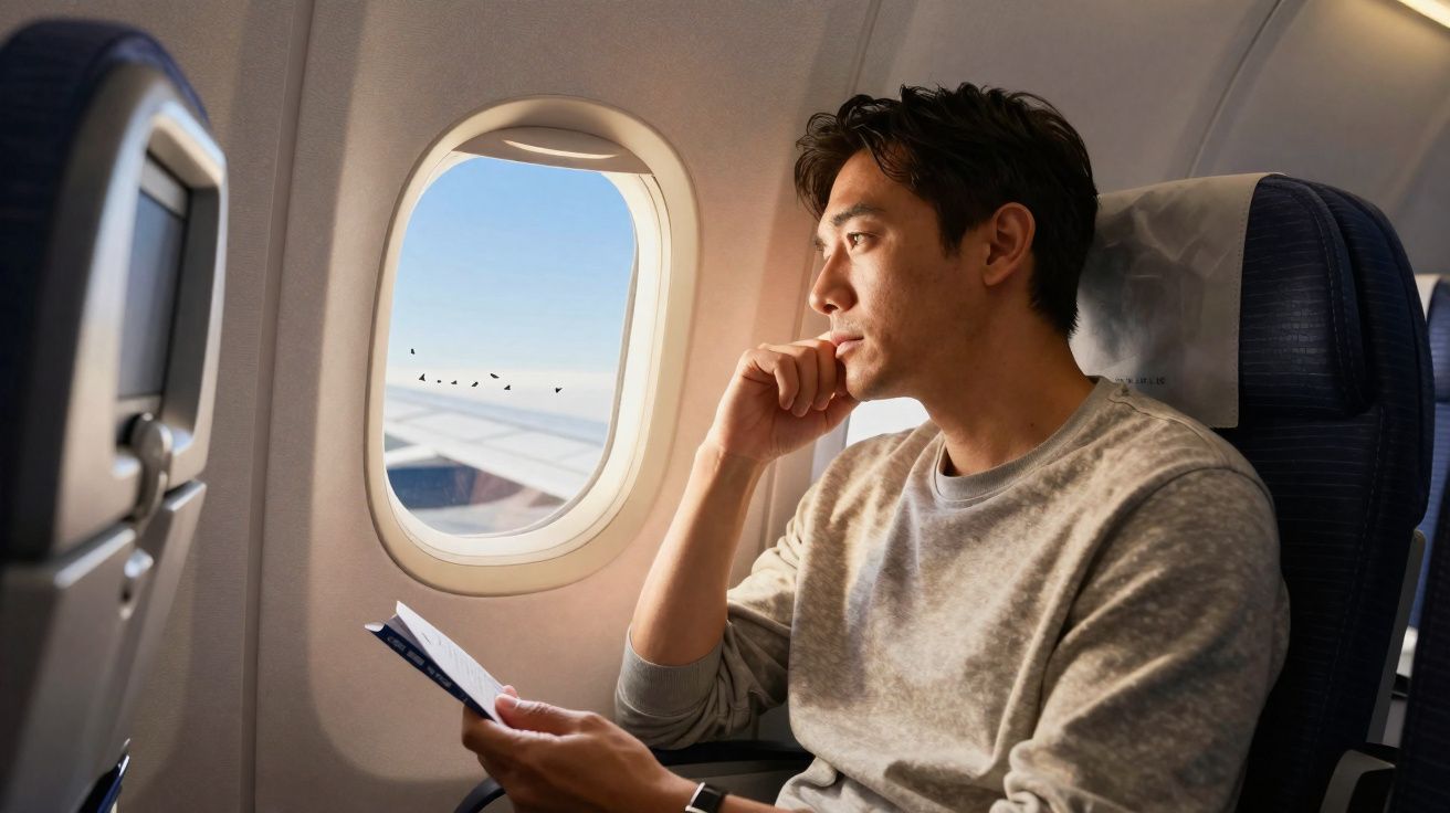 Homem sentado em avião olhando pela janela enquanto segura passaporte e cartão de embarque.