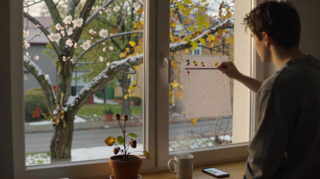 Pessoa olhando calendário colado na janela durante outono com árvore florida e galhos com folhas amareladas.
