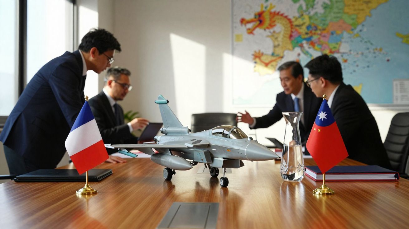 Modelo de caça sobre mesa de reunião com quatro homens discutindo, bandeiras da França e Taiwan visíveis.