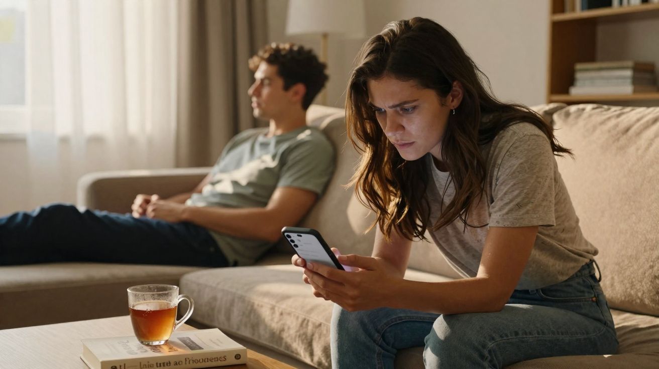 Mulher séria olhando para o celular no sofá enquanto homem ao fundo parece desconectado.