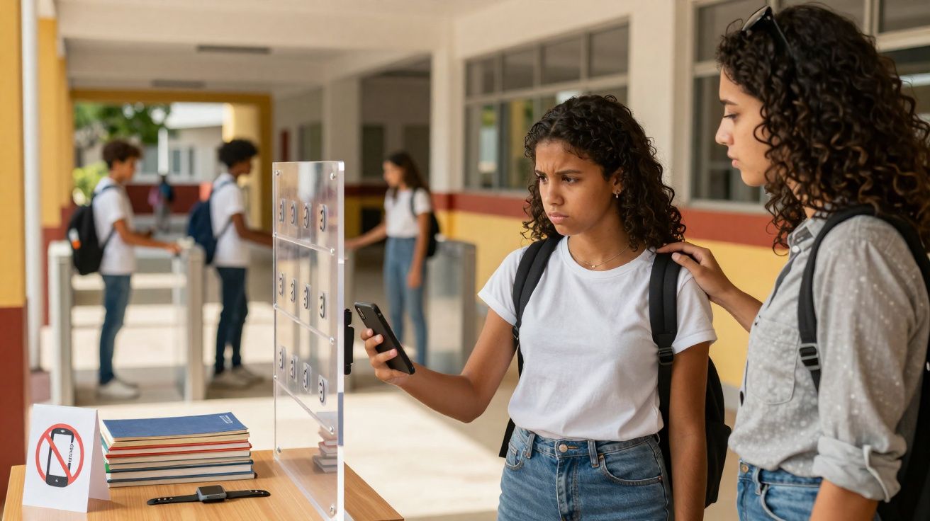 Alunas preocupadas em escola, uma conforta a outra enquanto ambas olham para celular próximo a armários.