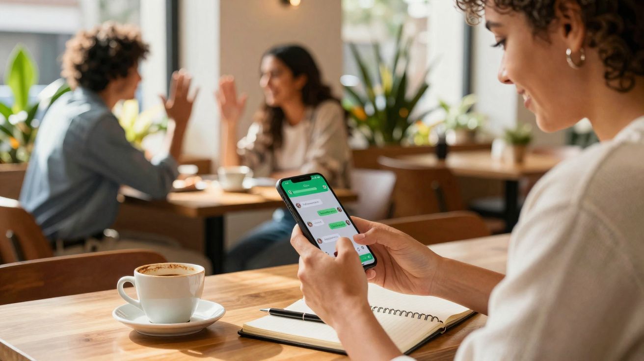 Pessoa sorridente usando celular para mensagem em chat, com café e caderno em mesa de cafeteria.