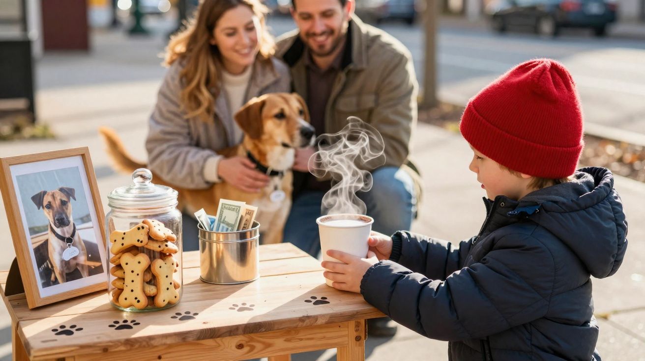 Criança com gorro vermelho segurando bebida quente perto de casal e cachorro com guloseimas em mesa ao ar livre.