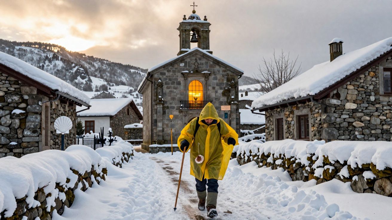 Pessoa com capa amarela caminha com bengala em vila nevada com casas de pedra e igreja ao fundo.
