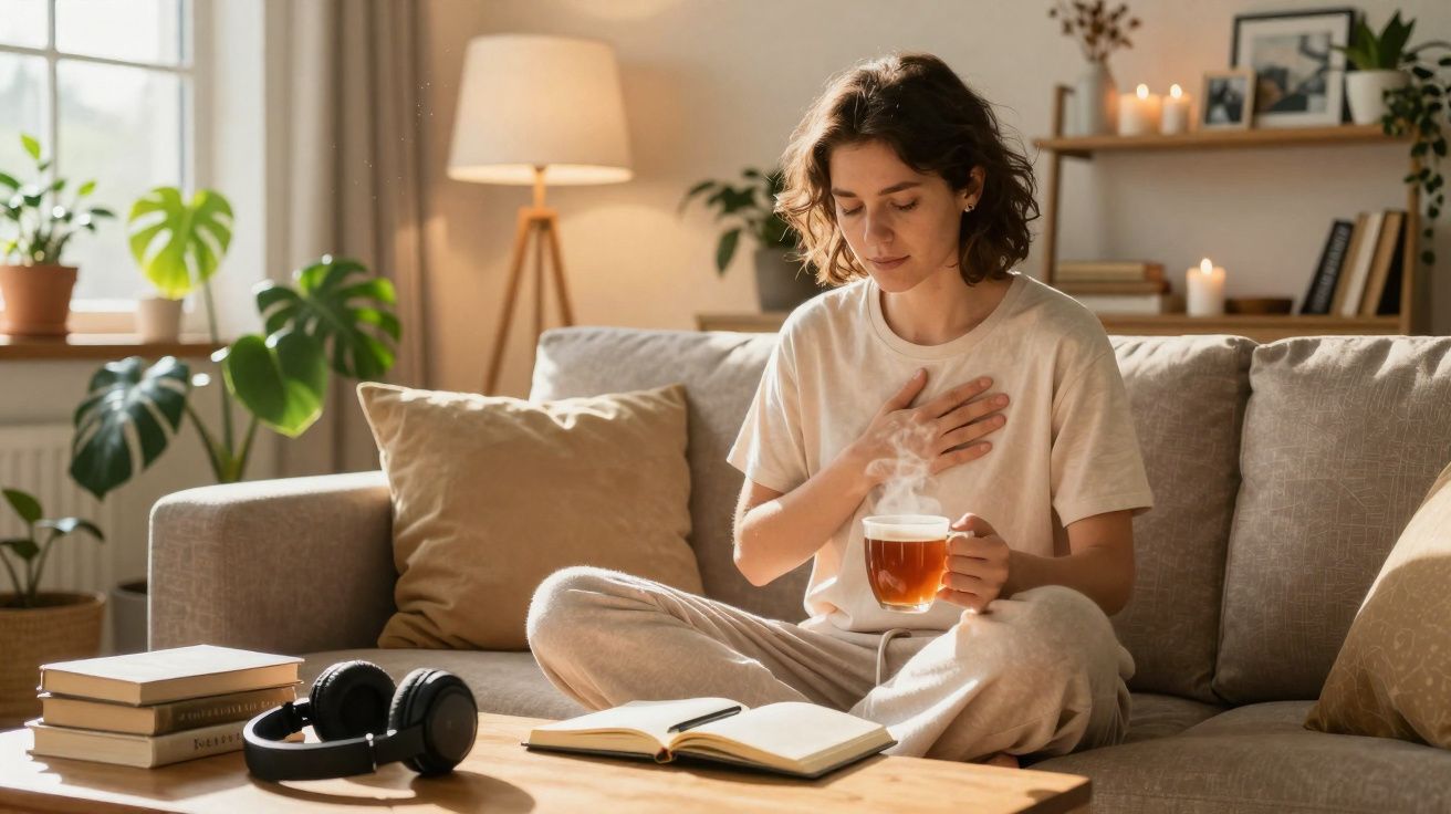 Mulher sentada no sofá segurando xícara de chá quente, com livros e fones na mesa de centro à sua frente.