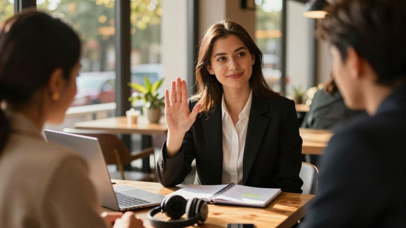 Mulher em reunião de negócios levanta a mão para participar, com laptop e caderno à sua frente.