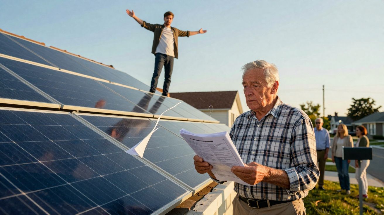 Homem idoso com documentos em mãos perto de painéis solares enquanto pessoas estão ao fundo em área residencial.