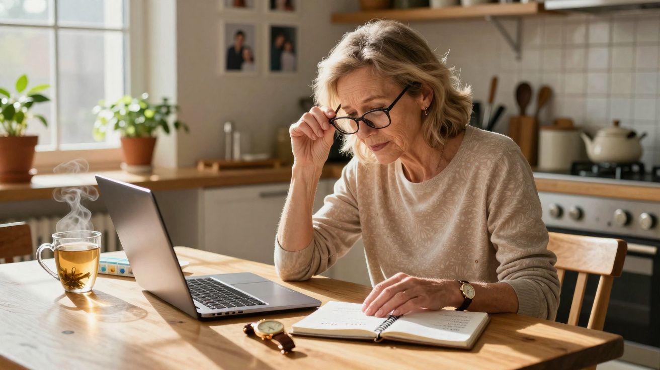 Mulher madura usando óculos, lendo caderno e usando laptop em mesa de cozinha com chá quente.