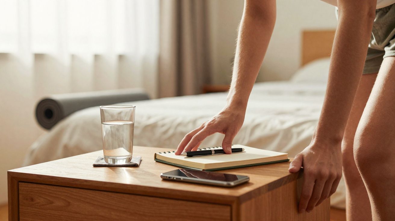Pessoa pegando uma caneta em cima de um criado-mudo com copo d'água, caderno e celular ao lado.
