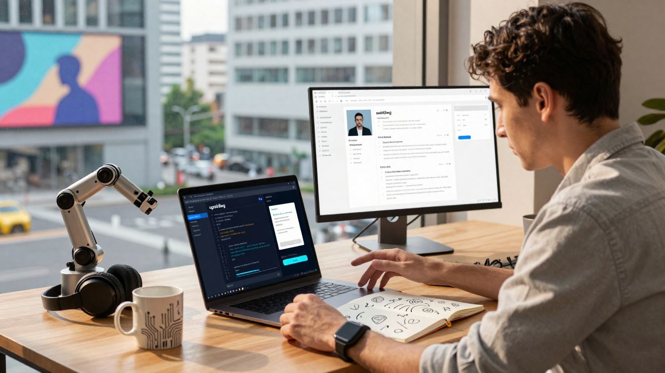 Homem trabalhando em escritório com notebook, monitor, robô pequeno e anotação à mão na mesa.