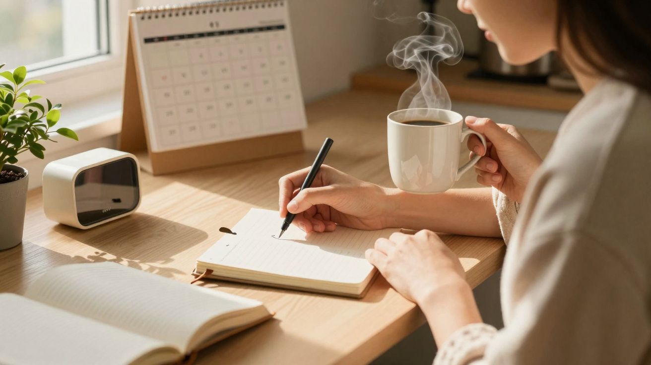 Pessoa escrevendo em caderno, segurando xícara de café fumegante em mesa com calendário e planta.