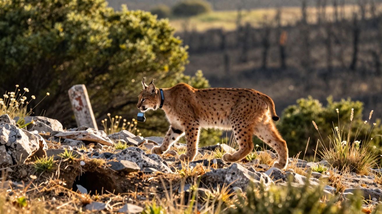 Lince com coleira azul caminhando sobre terreno rochoso e vegetação em ambiente natural ao entardecer.