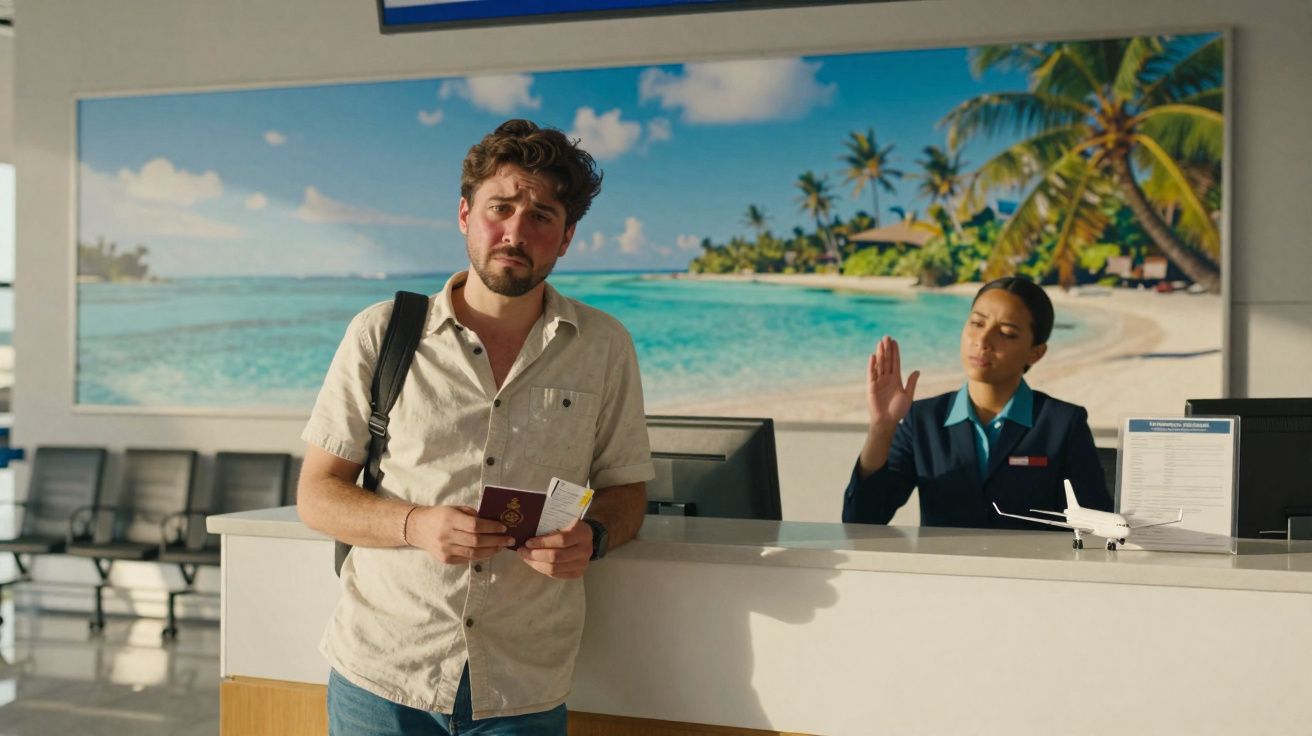 Homem com passaporte e bilhete na mão em balcão de aeroporto, atendente recusa-o com gesto de mão.