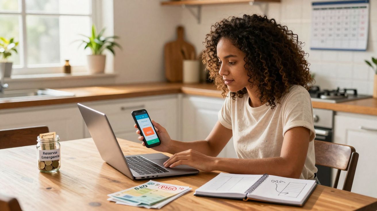 Mulher sentada à mesa em casa, segurando celular e usando laptop, com caderno e notas financeiras na frente.