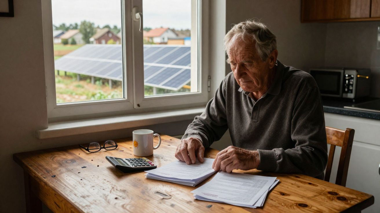 Idoso sentado à mesa revisando contas com painel solar visto pela janela ao fundo.