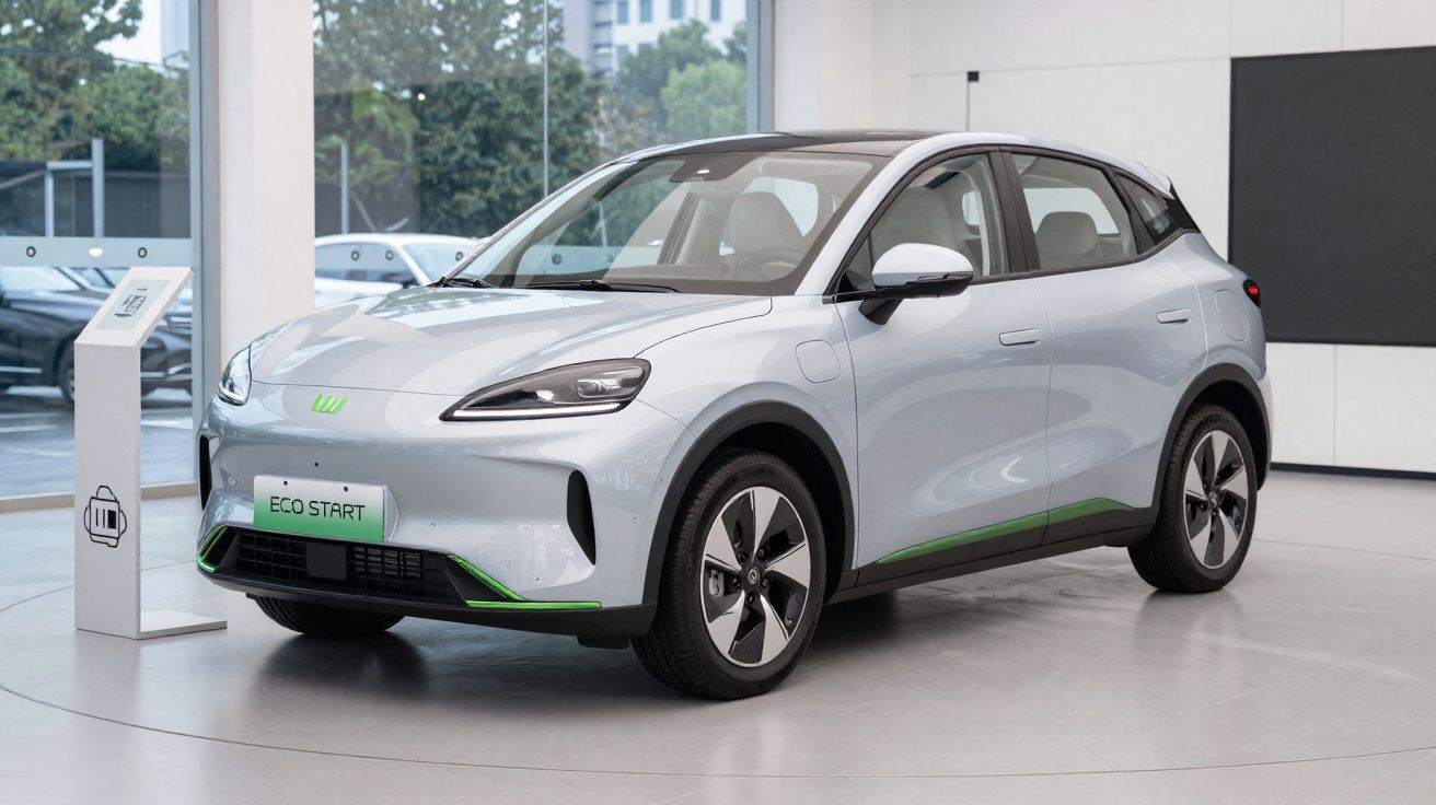 Carro elétrico cinza estacionado em showroom moderno com placa verde ECO START.