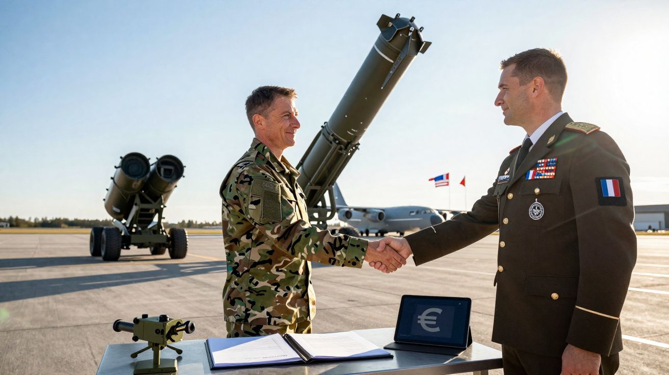 Dois militares apertando as mãos em acordo com equipamento militar e bandeiras ao fundo em pista de aeroporto.