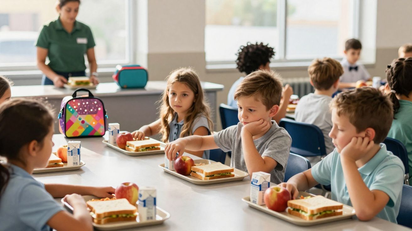 Crianças sentadas em refeitório escolar com lanches, incluindo sanduíches, maçãs e suco.