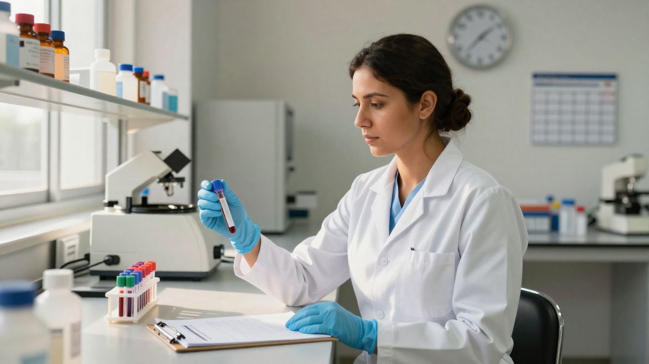 Mulher cientista com jaleco e luvas azuis analisando amostra de sangue em laboratório moderno.