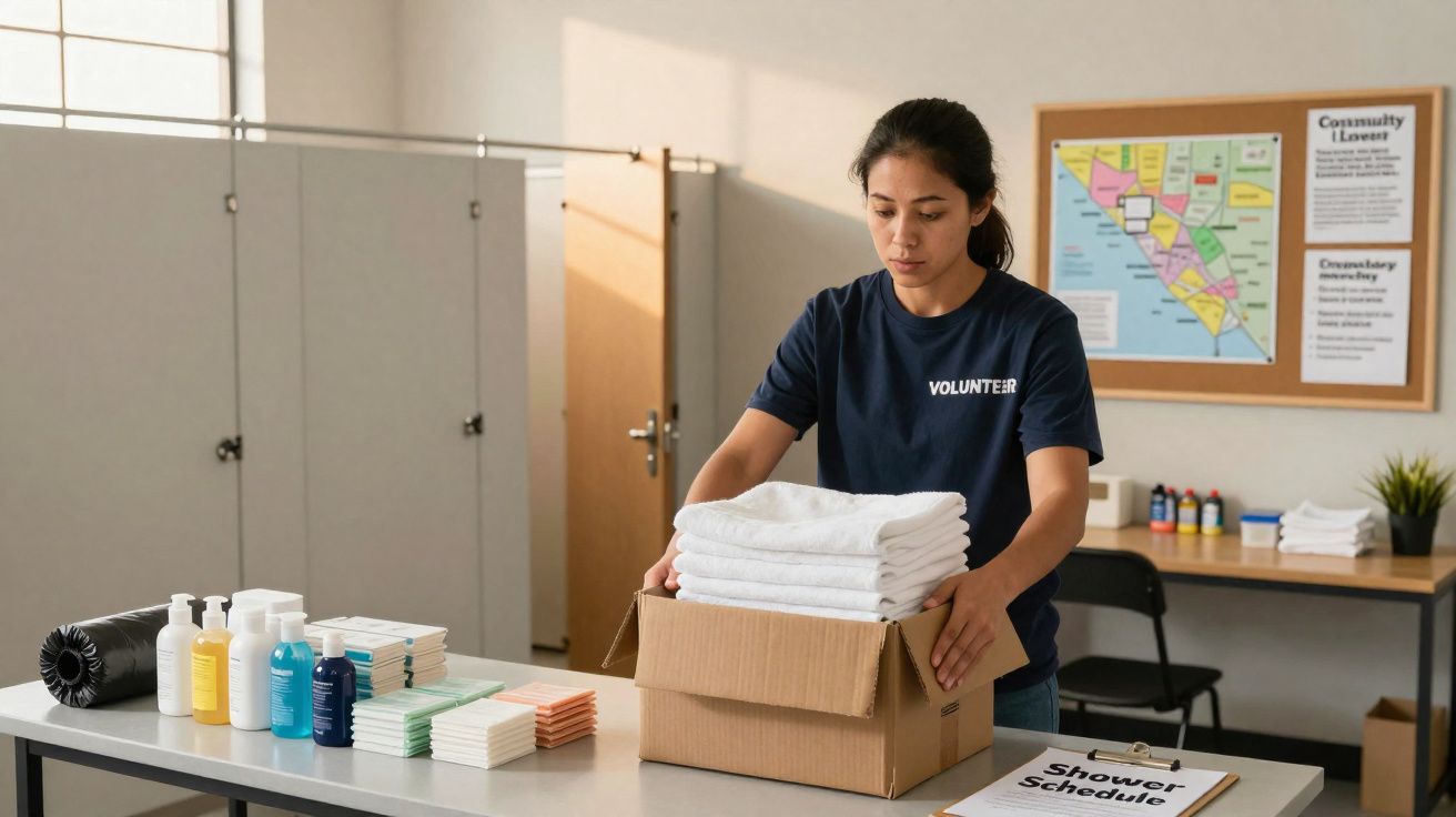 Voluntária organiza toalhas e produtos de higiene em caixa numa sala de voluntariado.