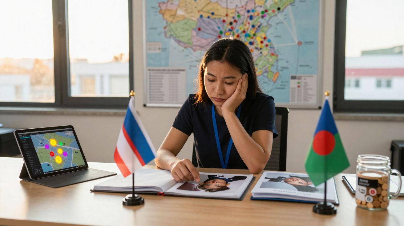 Mulher revisa documentos em mesa com mapas, bandeiras e tablet em escritório iluminado pela janela.