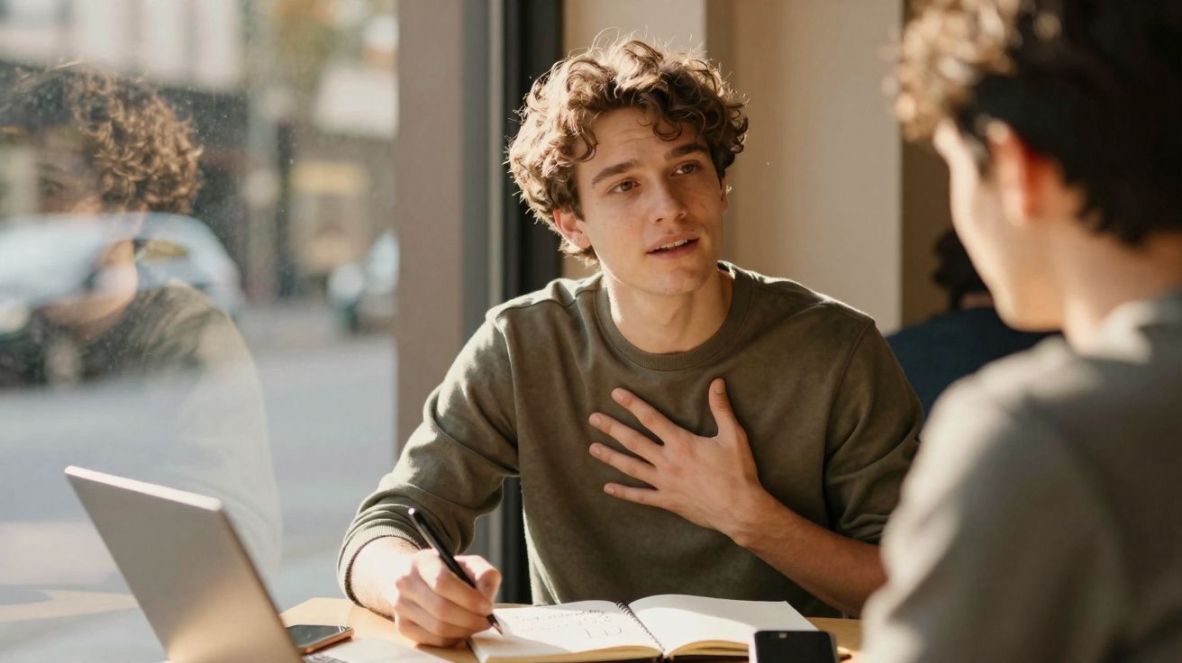 Jovem sentado em mesa com caderno, escrevendo e gesticulando durante conversa em ambiente iluminado.