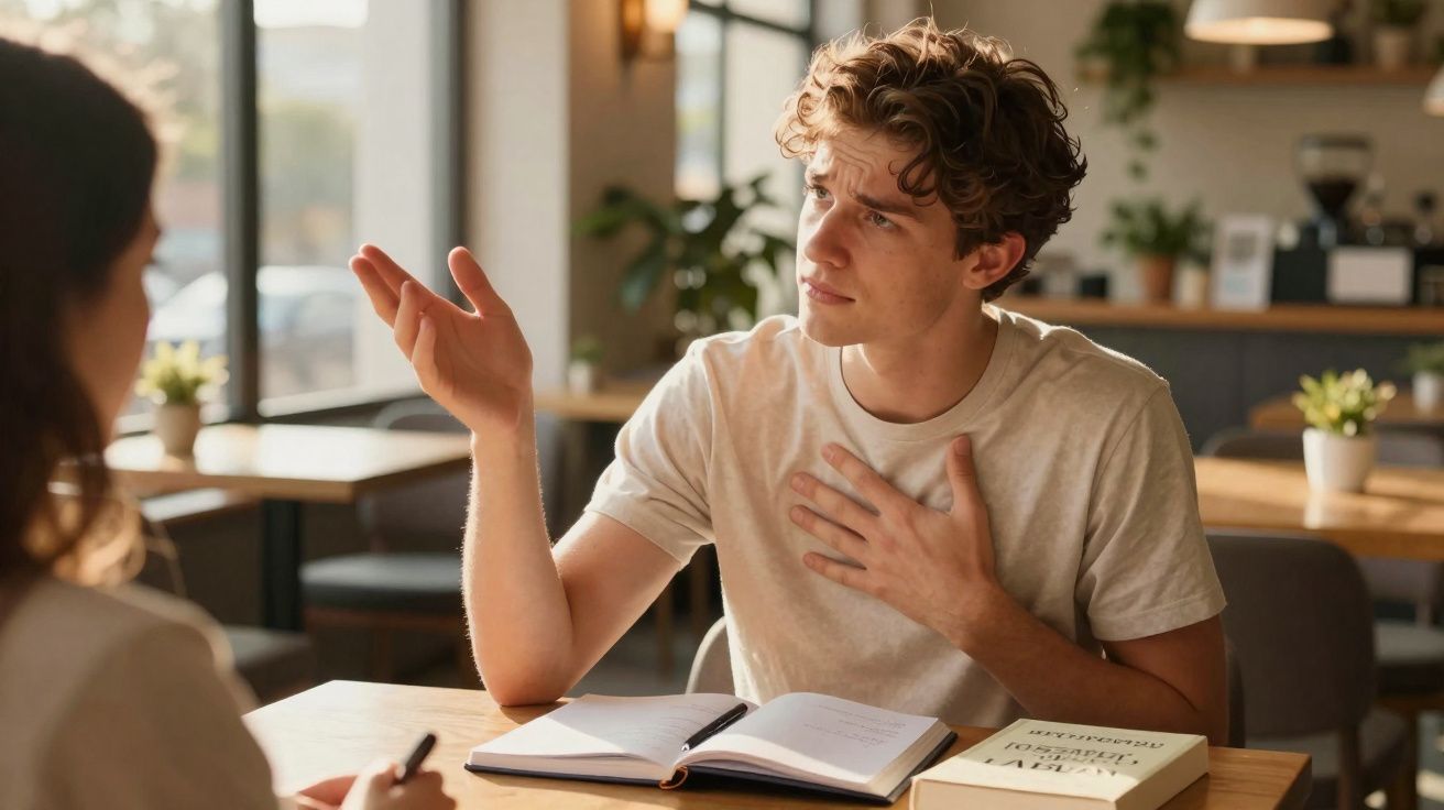 Homem falando com expressão séria e gesticulando com uma mão enquanto conversa em café.