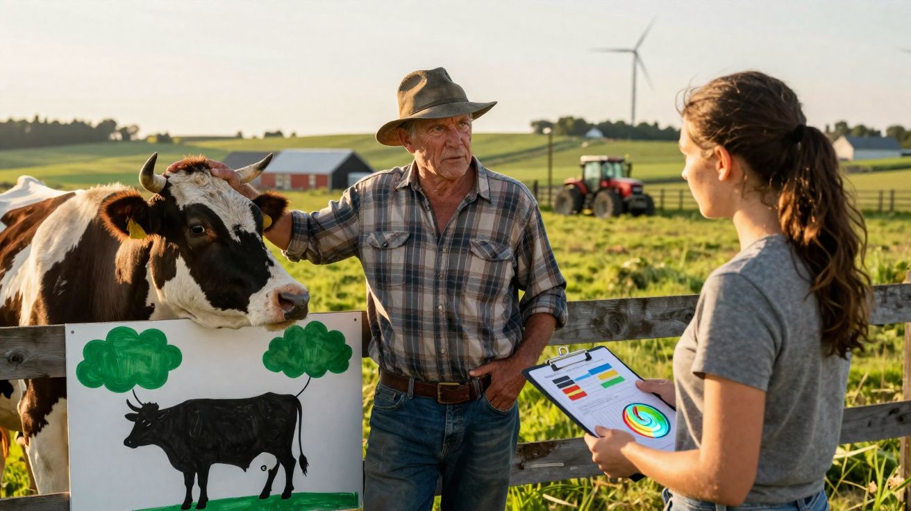 Agricultor conversa com jovem que segura prancheta em fazenda com vaca ao lado e desenho de vaca na cerca.