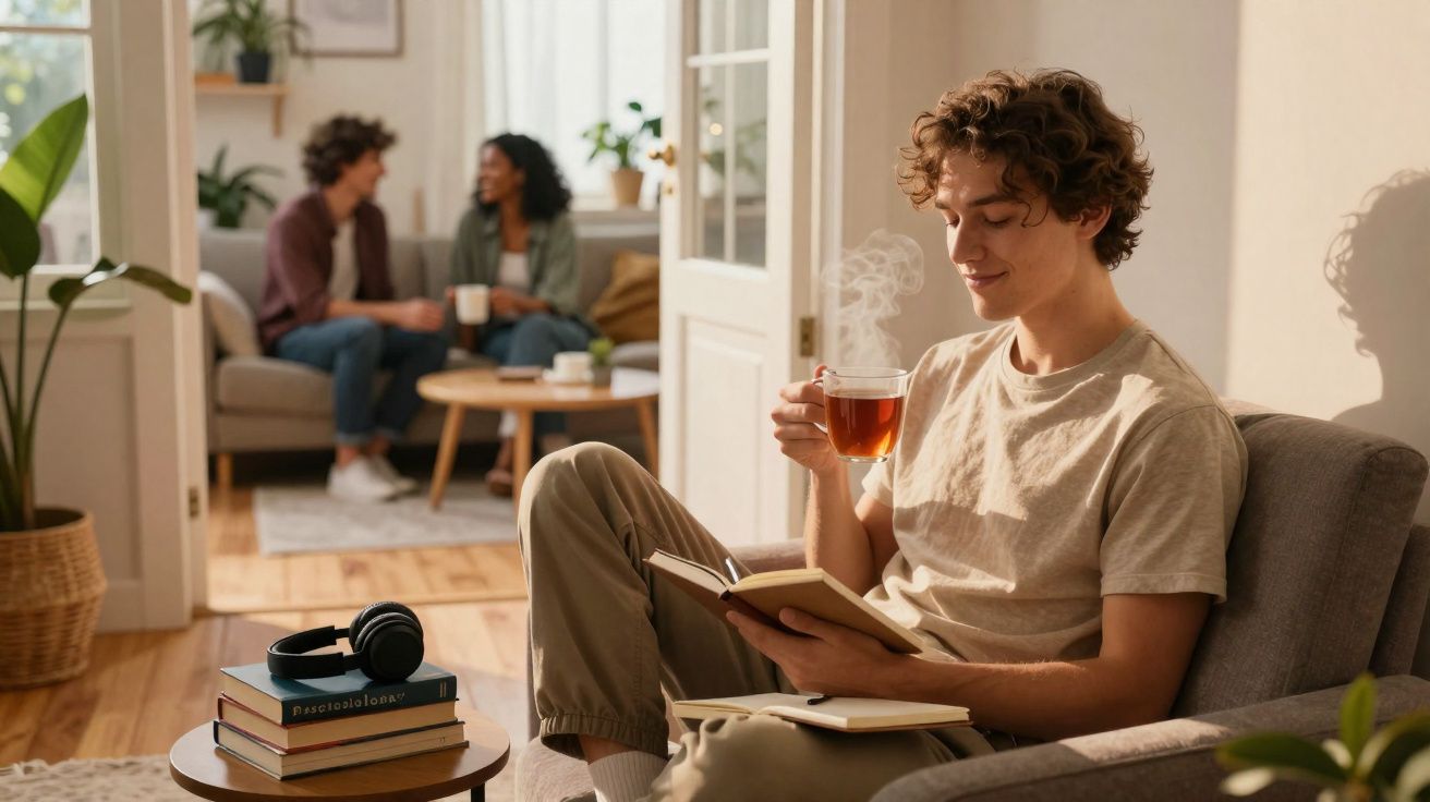 Jovem relaxando com chá e livro em poltrona enquanto duas pessoas conversam no sofá ao fundo.
