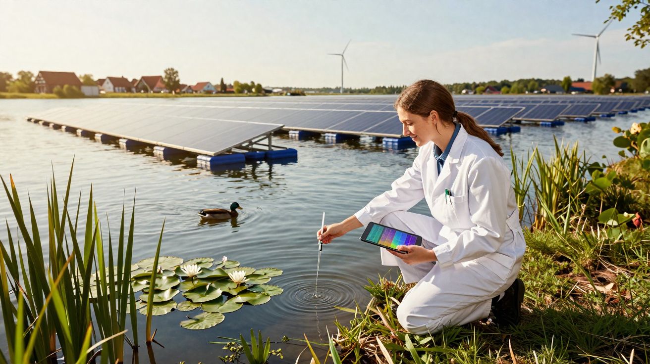 Mulher em jaleco branco coleta amostra da água em lago perto de painéis solares flutuantes e turbinas eólicas.