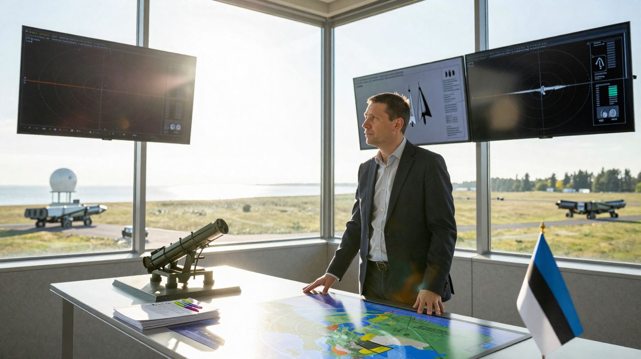 Homem em terno observa mapas em mesa digital com telas de radar ao fundo em sala com janelas para campo aberto.