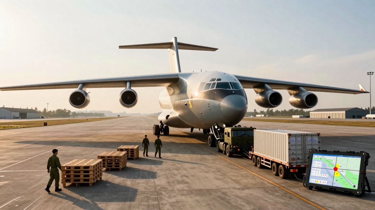 Avião militar estacionado no pátio com soldados, pallets e caminhão em ambiente de aeroporto ao entardecer.
