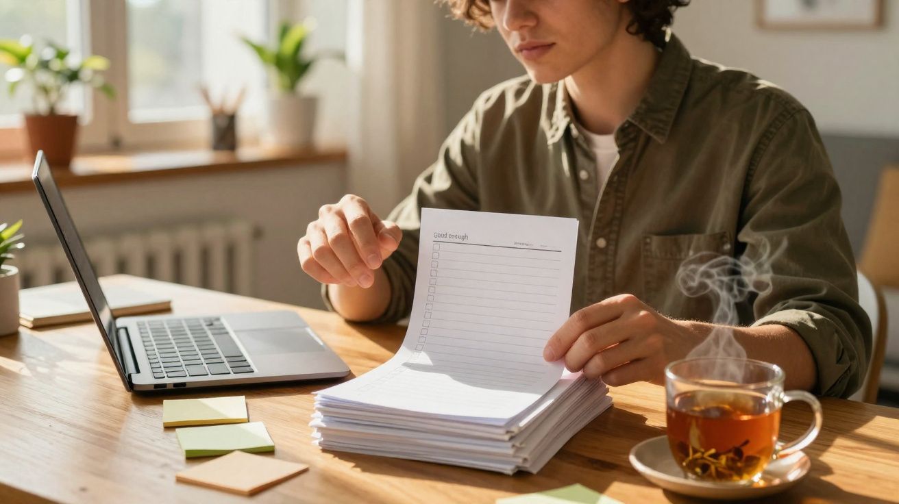 Pessoa manuseando folhas de papel ao lado de um laptop e uma xícara de chá fumegante sobre mesa de madeira.