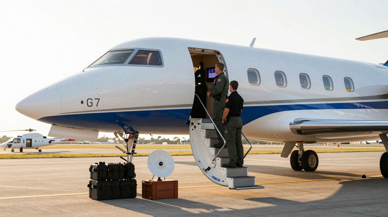 Foto de avião executivo branco com faixa azul, embarque em rampa, malas e equipamentos no solo.