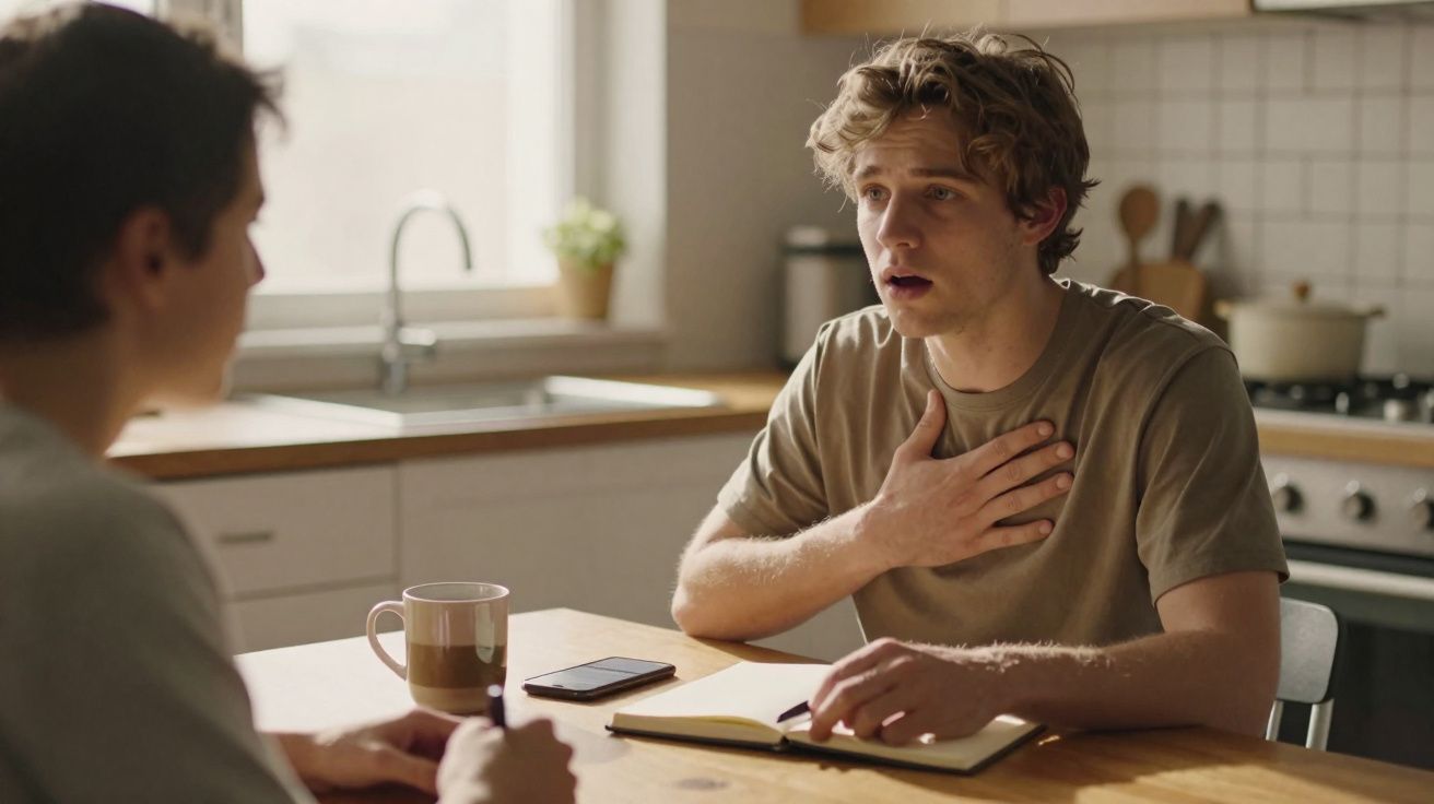 Dois jovens sentados à mesa da cozinha, um deles fala gesticulando enquanto o outro escuta atento.