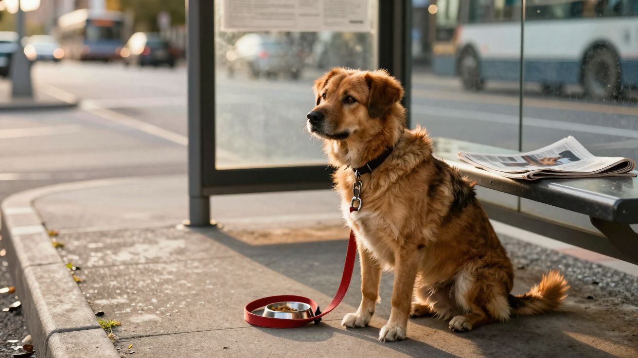 Cachorro brown sentado na calçada preso a uma coleira vermelha ao lado de um pote de água e jornal.
