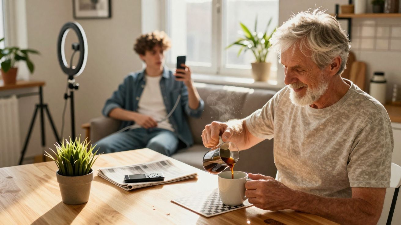 Idoso sorridente serve café fumegante, jovem ao fundo com celular sentado no sofá iluminado pela luz natural.