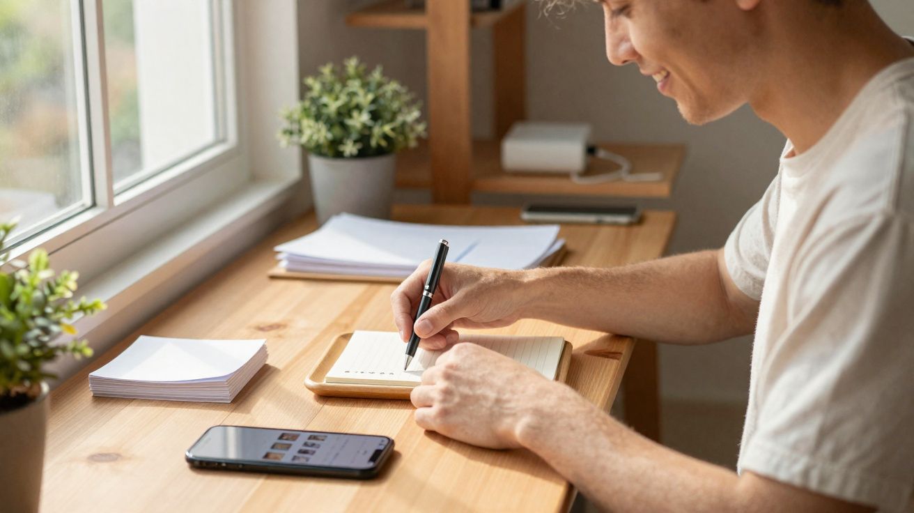 Jovem escrevendo em caderno à mesa de madeira com celular e plantas ao lado, perto da janela.