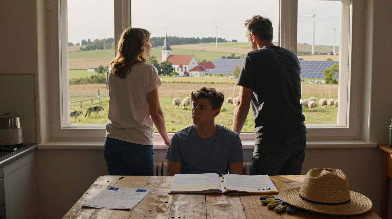 Três jovens olhando pela janela de uma casa rural, com ovelhas, painéis solares e moinho ao fundo.