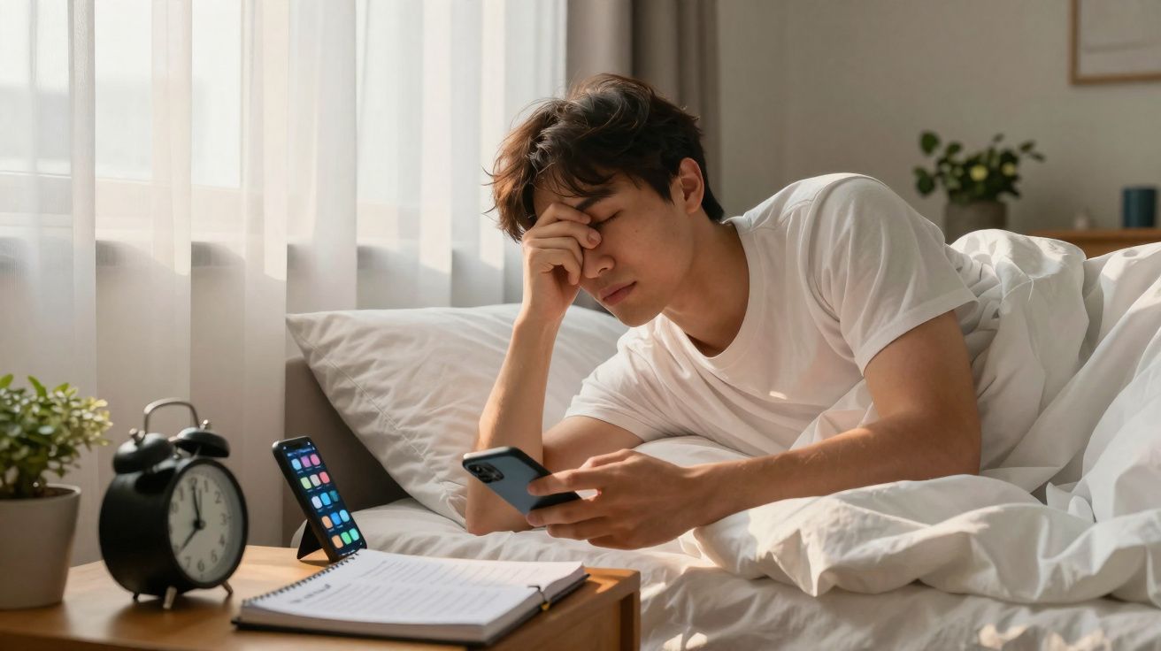 Jovem deitado na cama de manhã, segurando celular e aparentando cansaço ou preocupação.