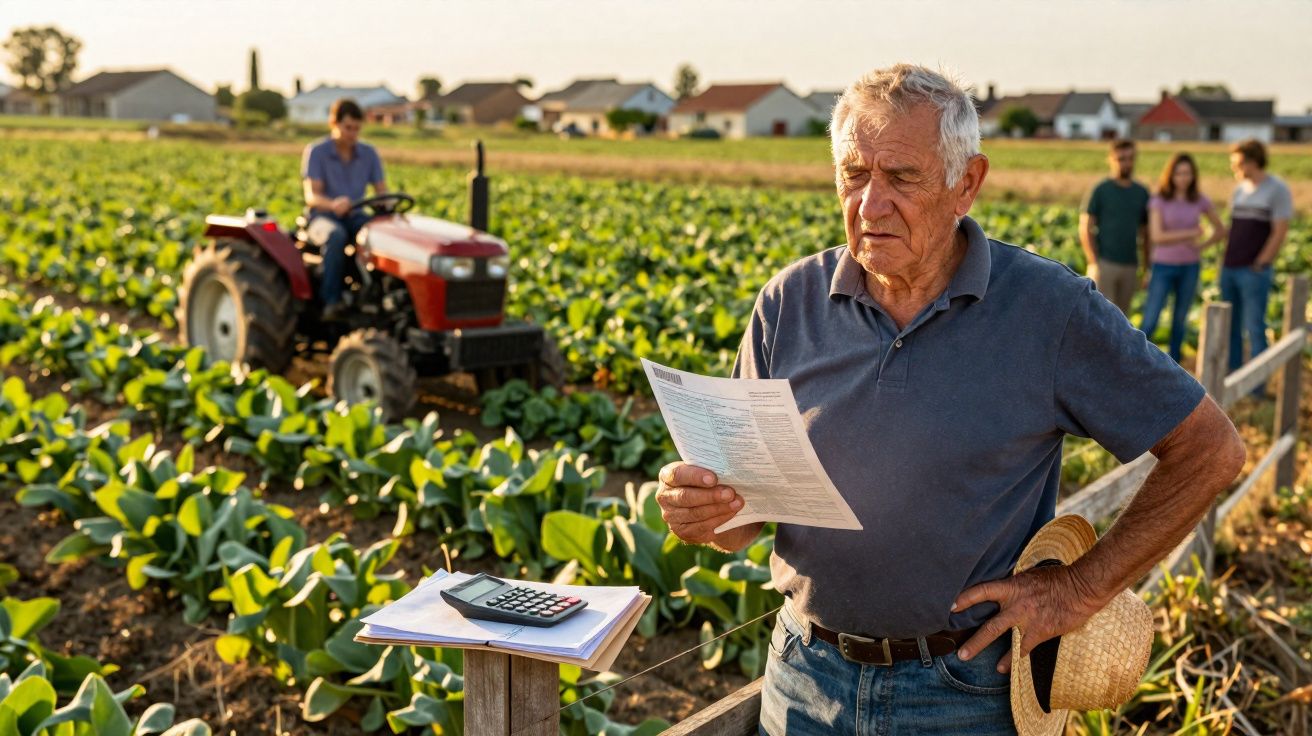 Agricultor idoso analisa documentos na plantação de vegetais, com trator e pessoas ao fundo.
