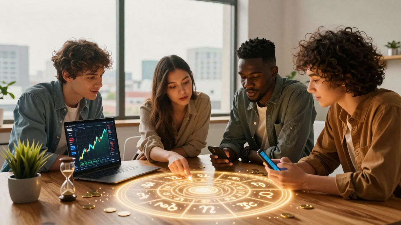 Jovens reunidos em mesa com gráfico no laptop e círculo de signos do zodíaco iluminado ao centro.