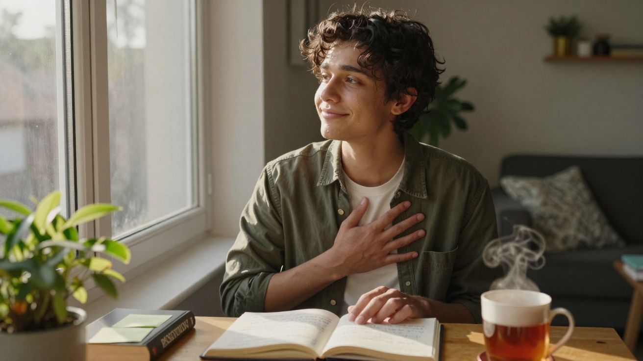 Jovem sentado à mesa perto da janela, lendo livro e com expressão de gratidão, xícara de chá ao lado.