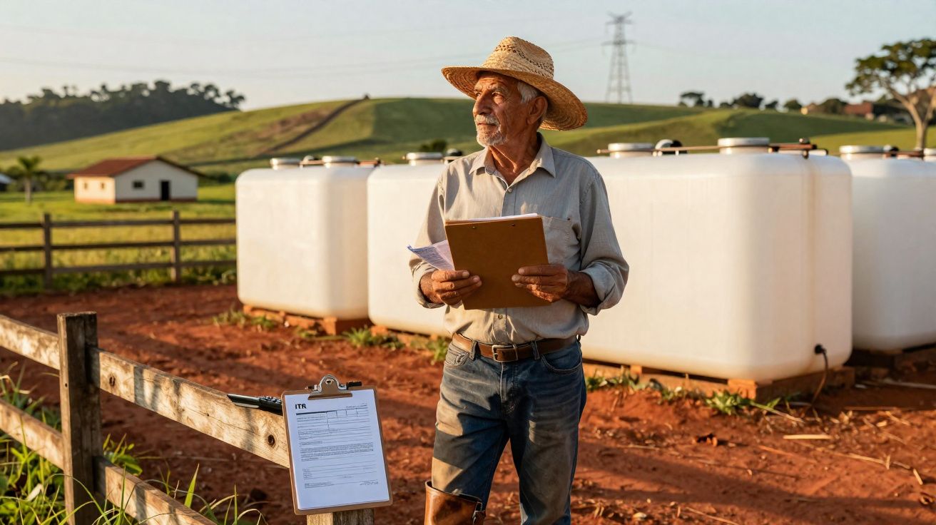 Homem agricultor com chapéu e prancheta em área rural com tanques brancos ao fundo.