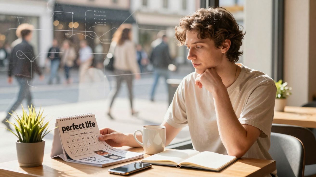 Jovem sentado em cafeteria lendo calendário "perfect life" com livros e xícara sobre a mesa.