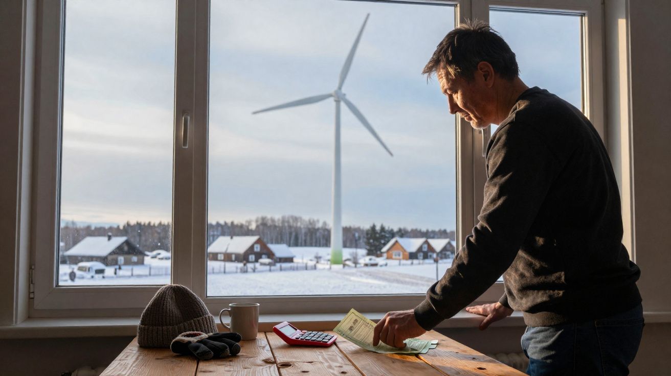 Homem conta dinheiro dentro de casa com moinho de vento e casas cobertas de neve ao fundo.
