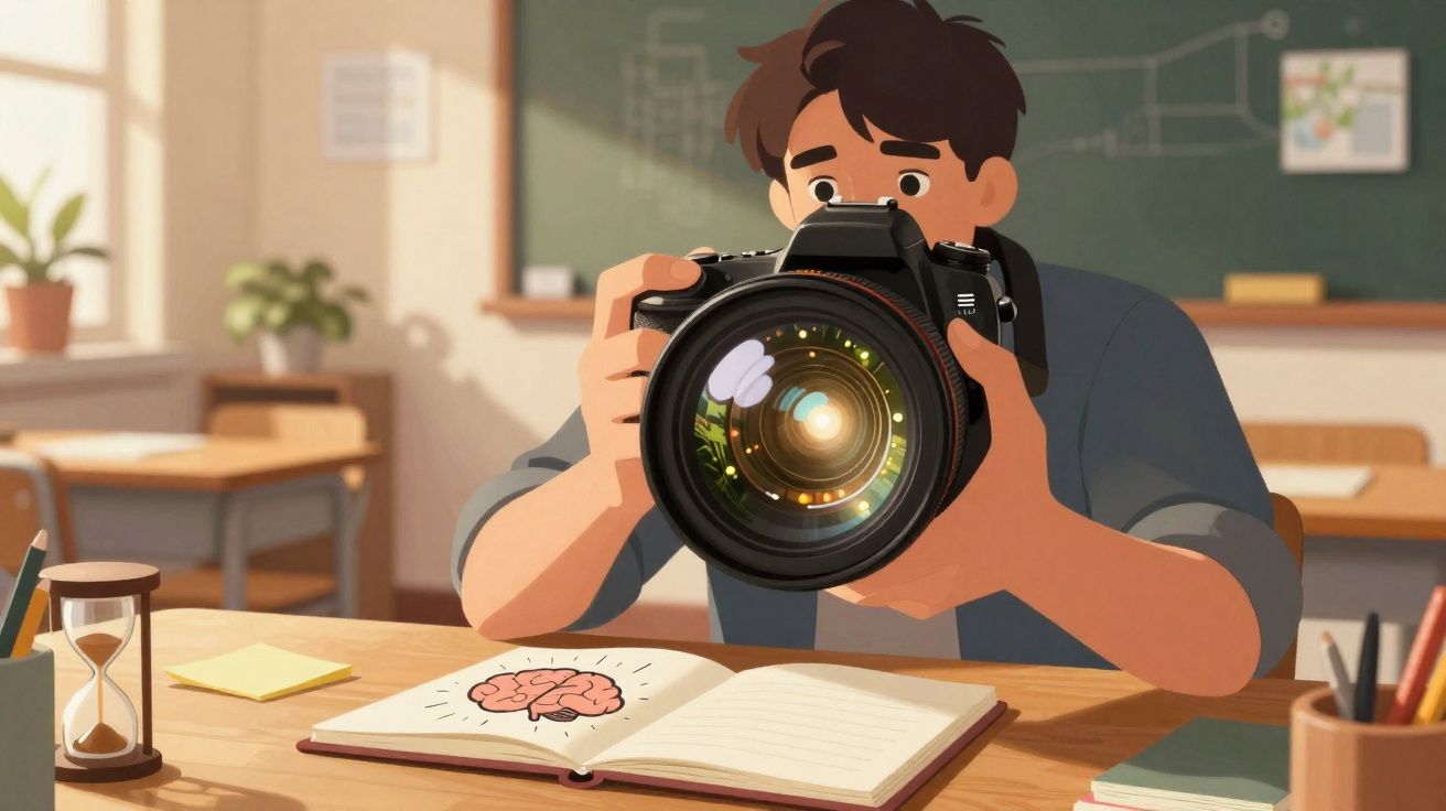 Pessoa segurando câmera fotográfica em sala de aula com livro aberto mostrando desenho de cérebro.