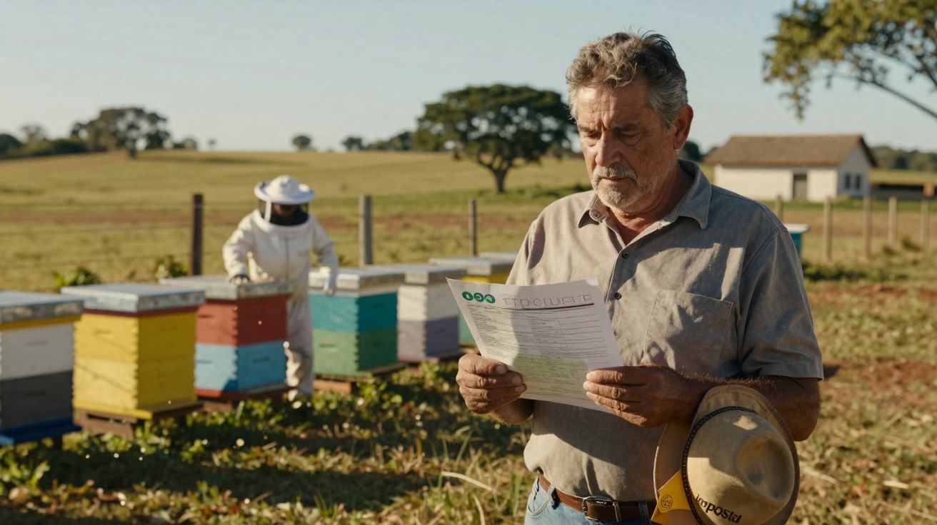 Homem lê documento segurando chapéu em apiário com caixas coloridas e apicultor ao fundo na fazenda.