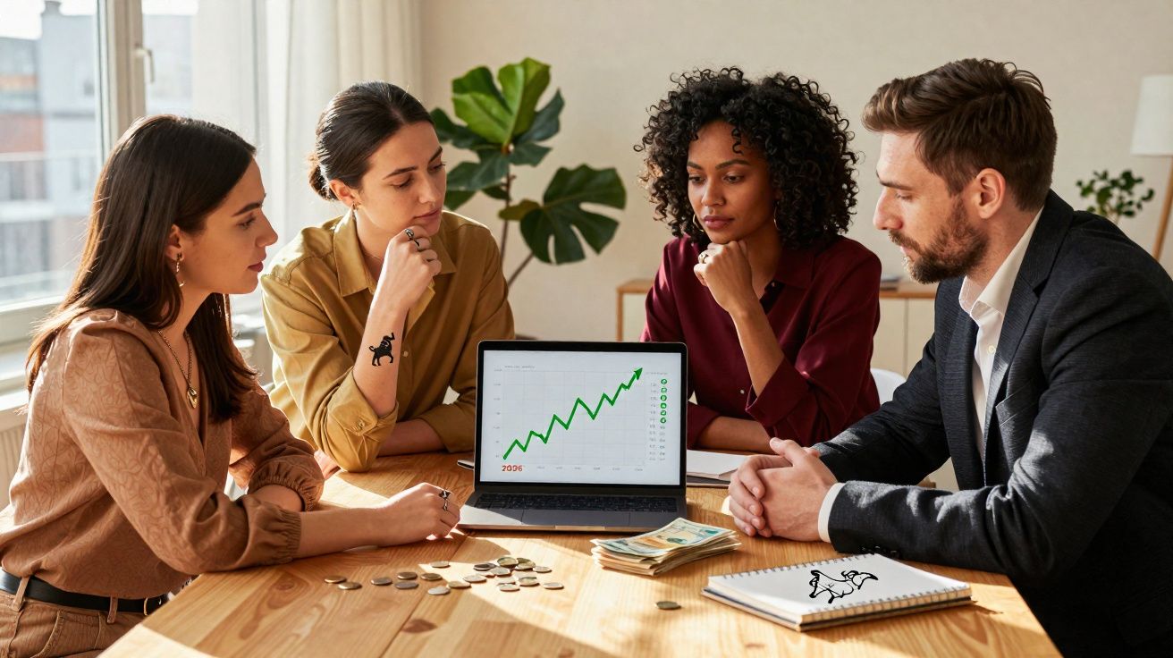 Equipe diversa analisando gráfico de crescimento financeiro em laptop durante reunião de negócios.