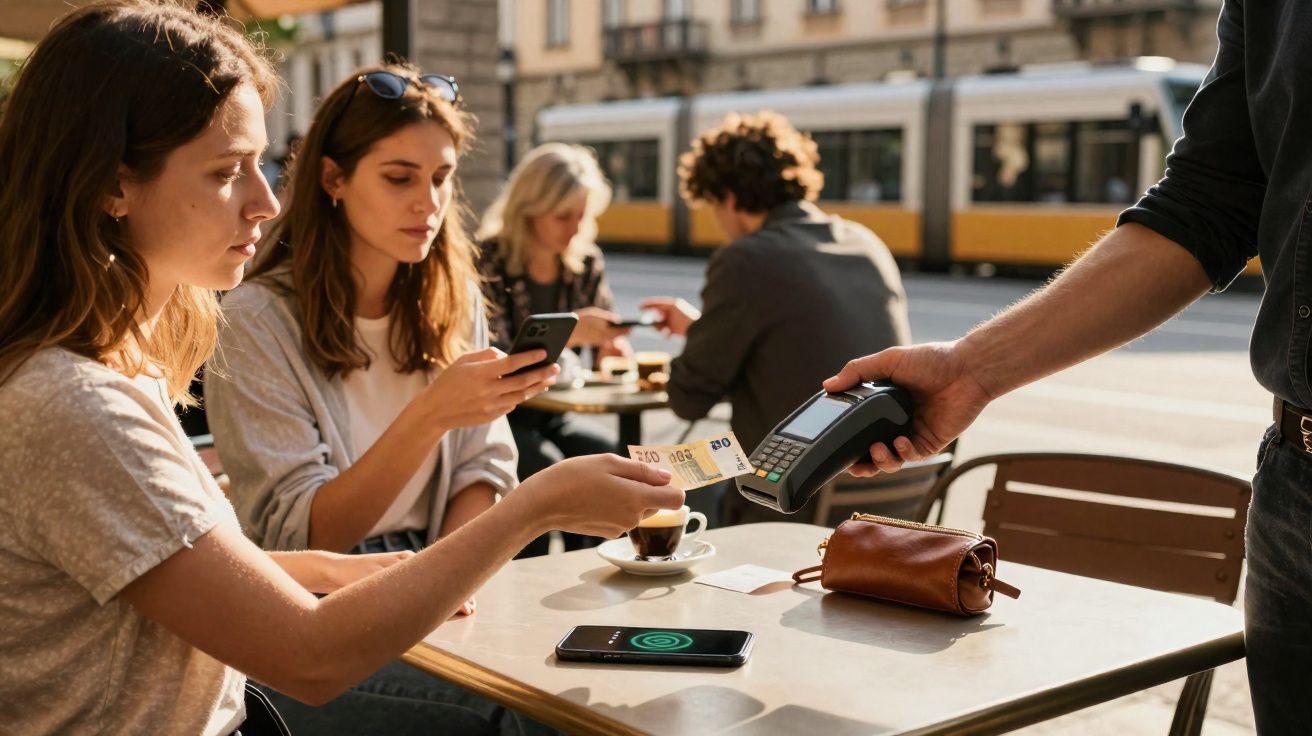 Mulher pagando café com dinheiro em máquina, pessoas sentadas em mesa de cafeteria ao ar livre.